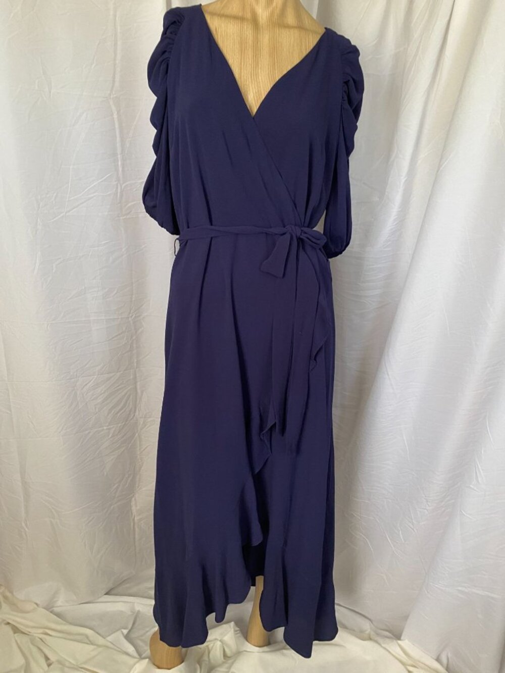 Kensie Dress 14 Navy Blue Wrap Maxi With Puff Sleeves Tie Waist & Ruffle